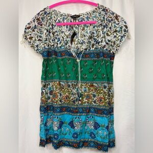 NWT Floral Green and Blue Bohemian Chaudry Top With Beaded Tassels Size Small
